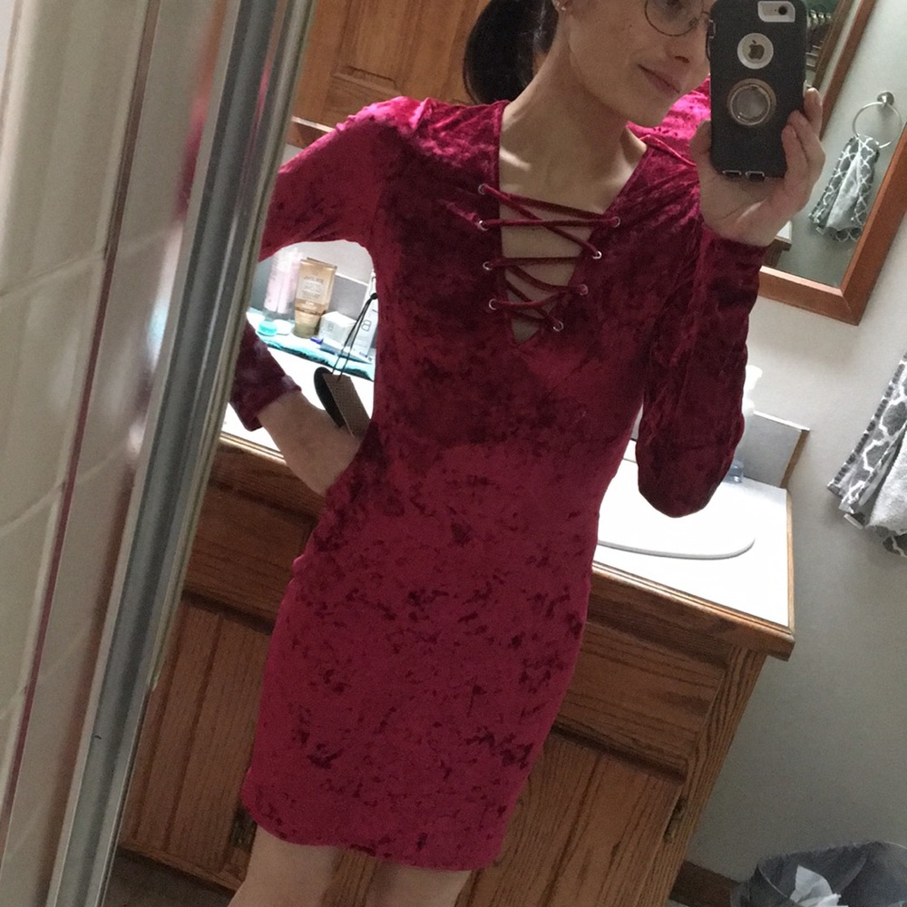 NWT! Crushed Red Velvet Lace-Up Front Mini Dress - Picture 8 of 8